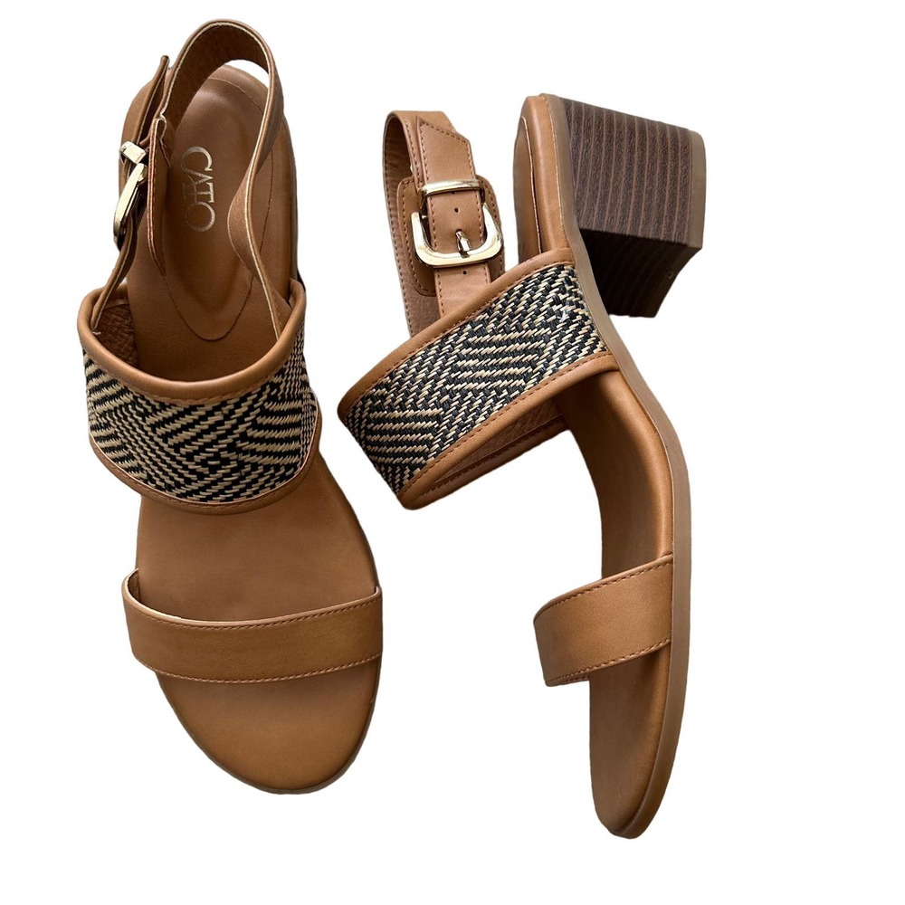 Cato Tan Block Heel Sandals with Woven Strap